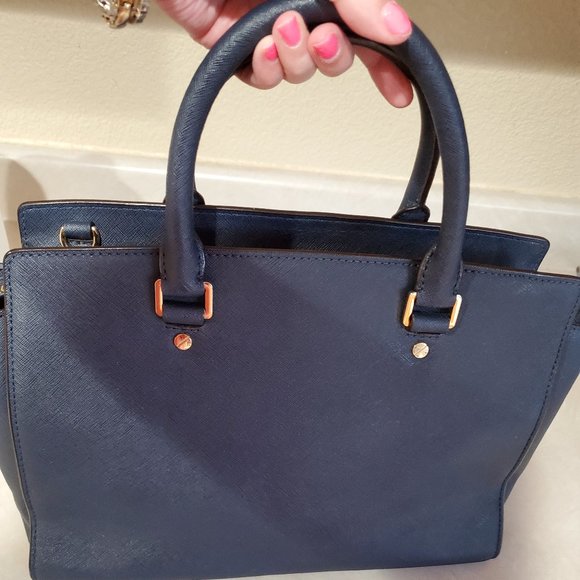 Michael Kors Navy Blue Leather Tote Bag Purse - Picture 4 of 12